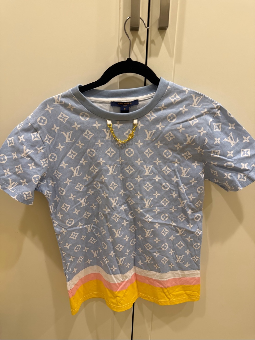 LV Style Light Blue Monogram Fashion Tee with Yellow & Pink Hem Stripes